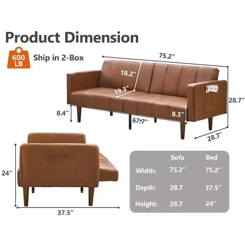 Canapé-lit futon de 75 pouces, canapé-futon moderne du milieu du siècle, canapé-lit convertible avec dossier réglable, causeuse avec poches latérales, canapé en cuir PU