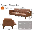 Canapé-lit futon de 75 pouces, canapé-futon moderne du milieu du siècle, canapé-lit convertible avec dossier réglable, causeuse avec poches latérales, canapé en cuir PU