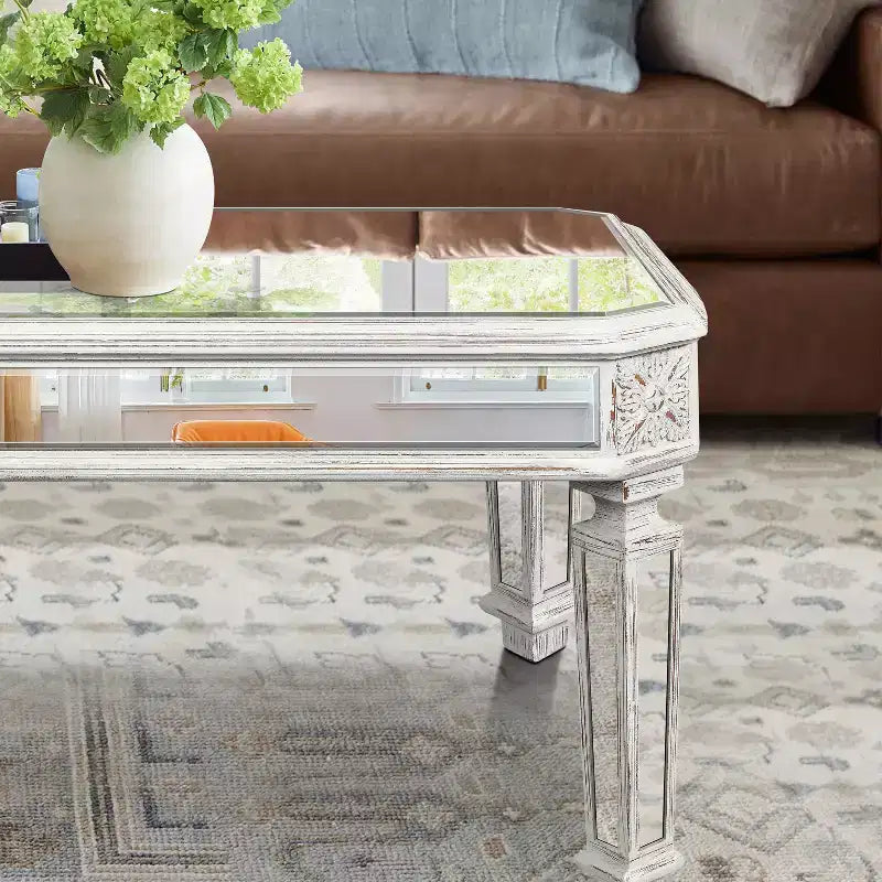 Table basse miroir, Table de salon moderne, Table d'appoint de canapé, Table d'appoint, Table centrale, Rectangulaire/Ronde, Argent-ModernLuxe