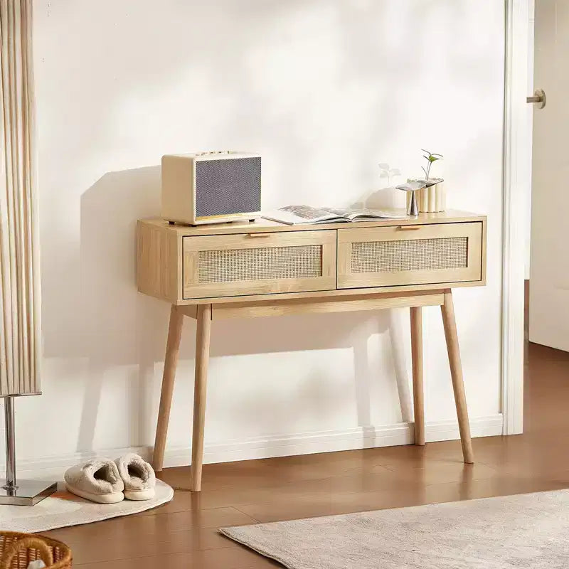 Console en rotin VEVOR avec 2 tiroirs de rangement, table d'entrée en rotin avec porte coulissante en rotin naturel, table de console/canapé, naturel