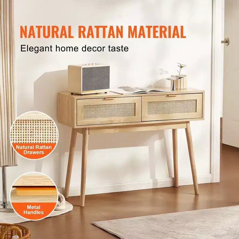 Console en rotin VEVOR avec 2 tiroirs de rangement, table d'entrée en rotin avec porte coulissante en rotin naturel, table de console/canapé, naturel