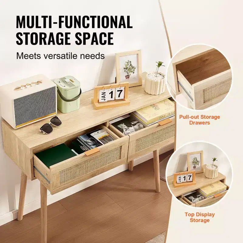 Console en rotin VEVOR avec 2 tiroirs de rangement, table d'entrée en rotin avec porte coulissante en rotin naturel, table de console/canapé, naturel