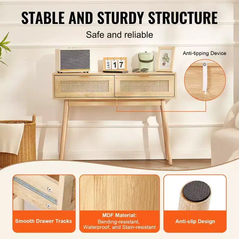 Console en rotin VEVOR avec 2 tiroirs de rangement, table d'entrée en rotin avec porte coulissante en rotin naturel, table de console/canapé, naturel