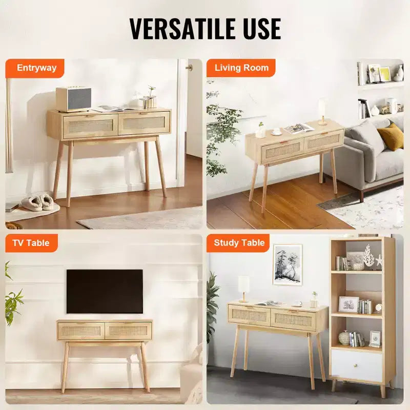 Console en rotin VEVOR avec 2 tiroirs de rangement, table d'entrée en rotin avec porte coulissante en rotin naturel, table de console/canapé, naturel