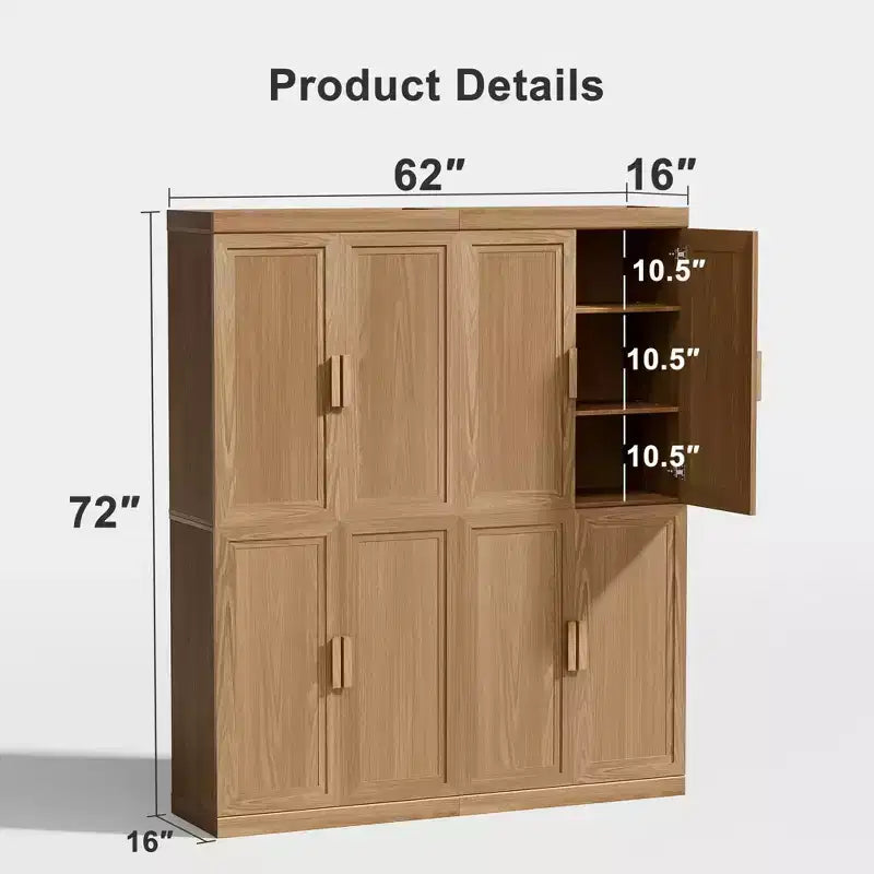 Meuble d'appoint en bois 72x62x16 de couleur naturelle, Organiseur de rangement avec étagères réglables pour cuisine, chambre, entrée, salon, salle à manger