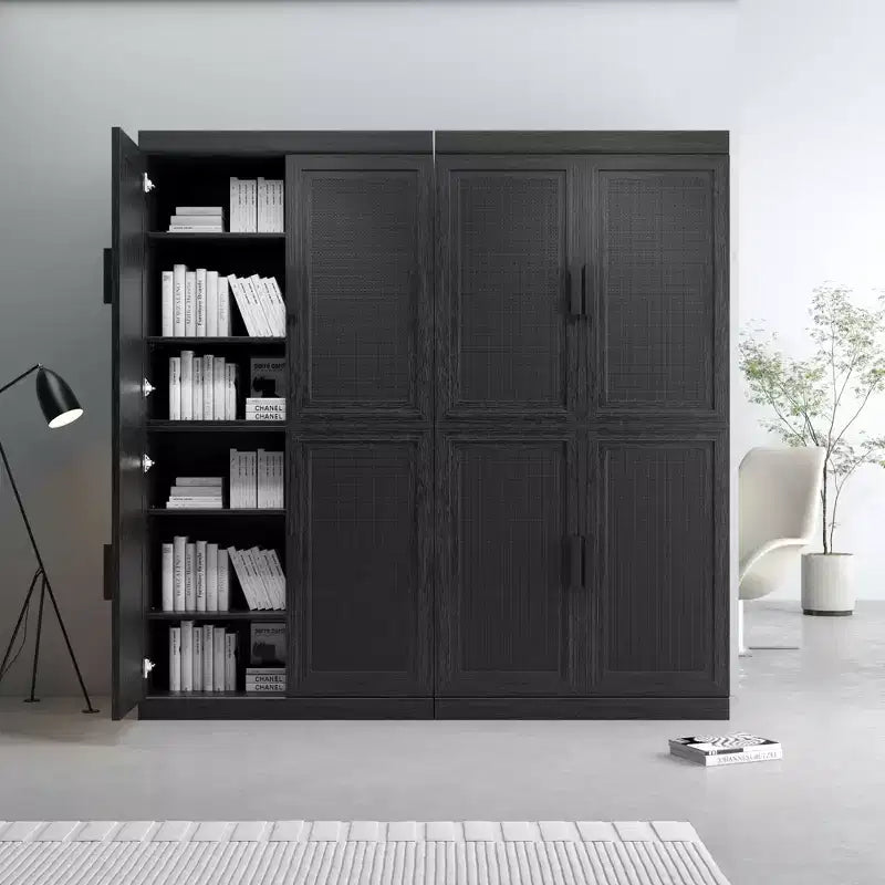 62x62x16 Wood Grain Buffet Cabinet in Black, Storage Organizer with Adjustable Shelves and Rattan Doors for Kitchen Bedroom Living/Dinning Room