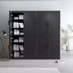62x62x16 Wood Grain Buffet Cabinet in Black, Storage Organizer with Adjustable Shelves and Rattan Doors for Kitchen Bedroom Living/Dinning Room