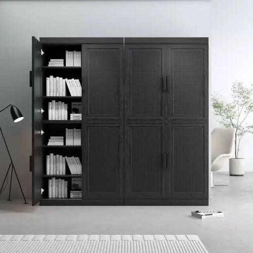 62x62x16 Wood Grain Buffet Cabinet in Black, Storage Organizer with Adjustable Shelves and Rattan Doors for Kitchen Bedroom Living/Dinning Room