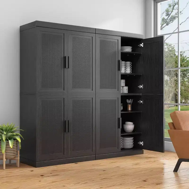 Buffet en bois veiné noir 62x62x16, meuble de rangement avec étagères réglables et portes en rotin pour cuisine, chambre, salon/salle à manger