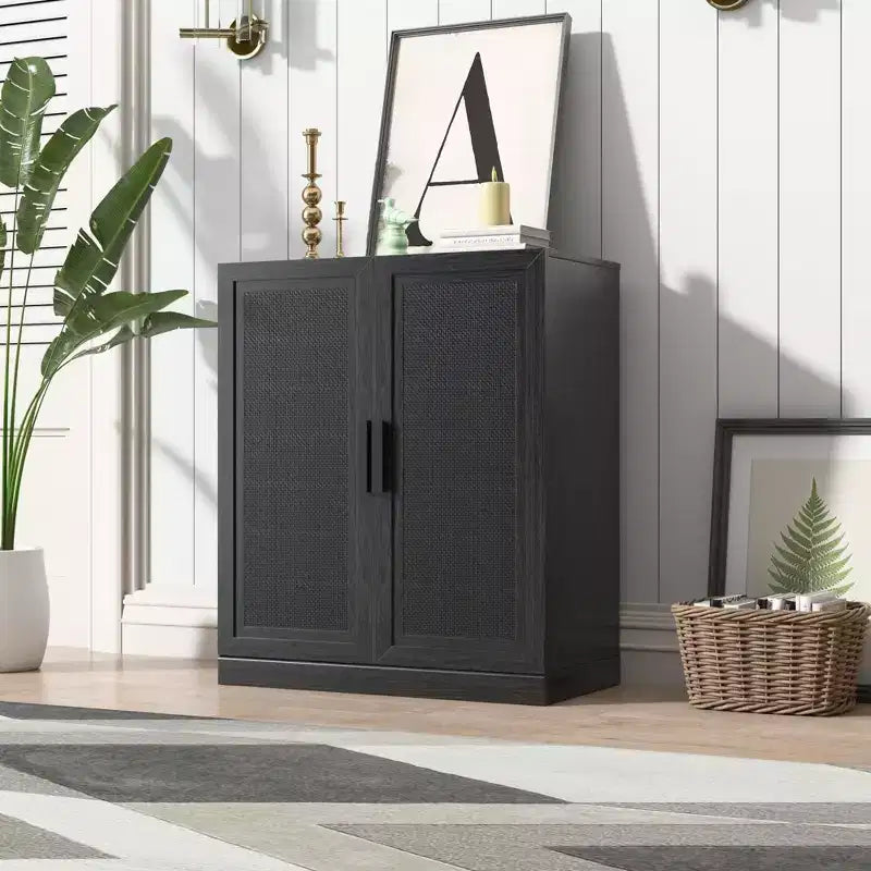 Buffet en bois veiné 36x31x16 en noir, meuble de rangement avec étagères réglables et portes en rotin pour cuisine, chambre, entrée, salon