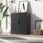 Buffet en bois veiné 36x31x16 en noir, meuble de rangement avec étagères réglables et portes en rotin pour cuisine, chambre, entrée, salon