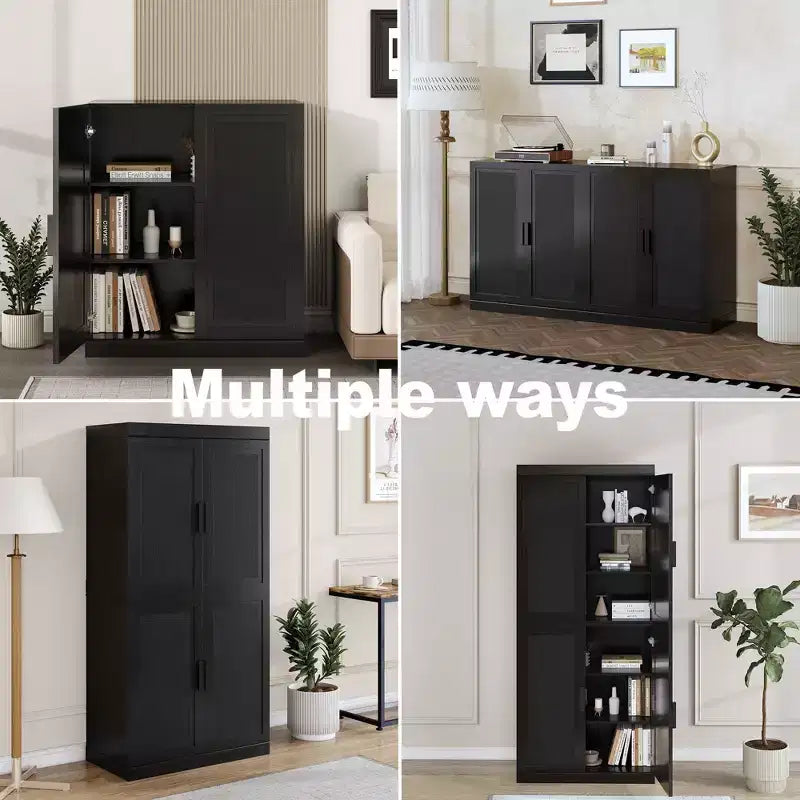 Buffet en bois veiné 36x31x16 en noir, meuble de rangement avec étagères réglables et portes en rotin pour cuisine, chambre, entrée, salon
