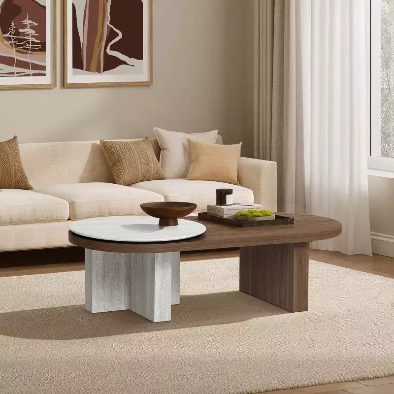 Table basse ovale LuxenHome en bois MDF style travertin et finition noyer, marron