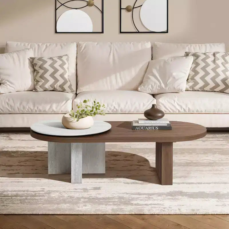 Table basse ovale LuxenHome en bois MDF style travertin et finition noyer, marron