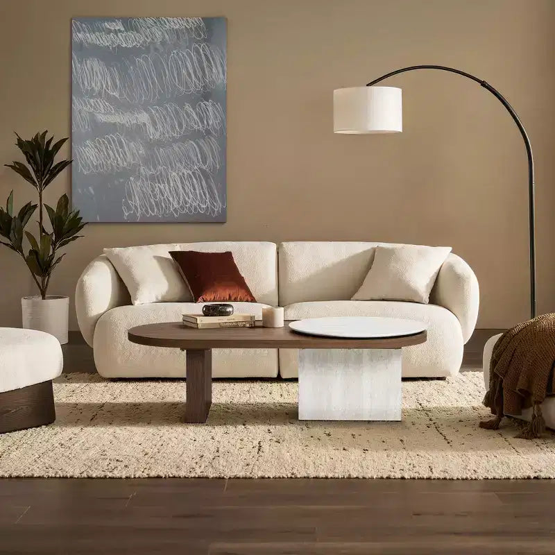 Table basse ovale LuxenHome en bois MDF style travertin et finition noyer, marron