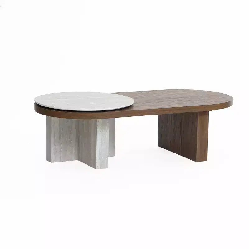 Table basse ovale LuxenHome en bois MDF style travertin et finition noyer, marron