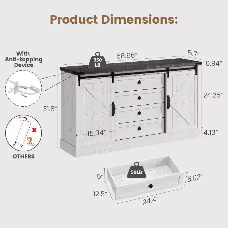 Commode de ferme à 4 tiroirs, 59 commodes en bois avec portes coulissantes de grange, meuble TV avec tiroirs et poignées de bar, commodes pour salon, chambre à coucher