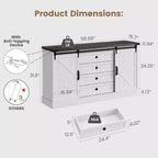 Commode de ferme à 4 tiroirs, 59 commodes en bois avec portes coulissantes de grange, meuble TV avec tiroirs et poignées de bar, commodes pour salon, chambre à coucher