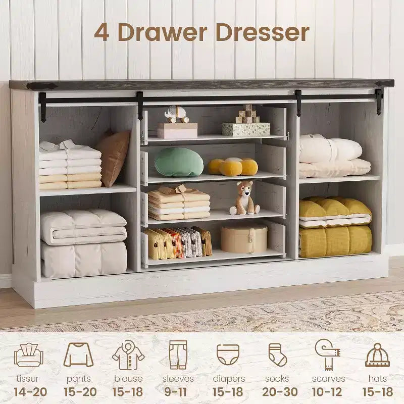 Commode de ferme à 4 tiroirs, 59 commodes en bois avec portes coulissantes de grange, meuble TV avec tiroirs et poignées de bar, commodes pour salon, chambre à coucher