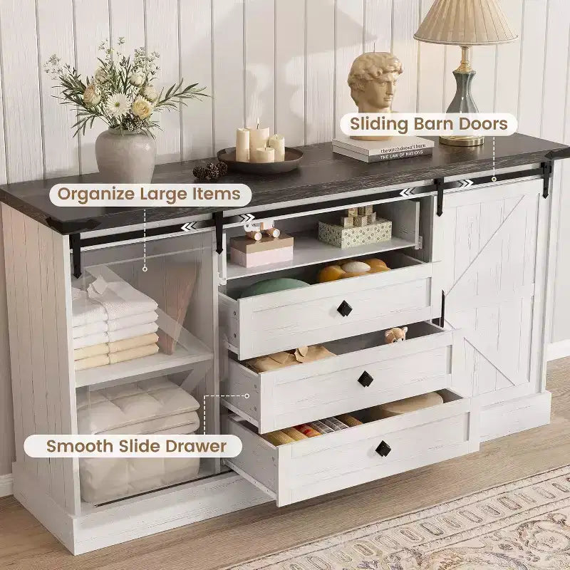 Commode de ferme à 4 tiroirs, 59 commodes en bois avec portes coulissantes de grange, meuble TV avec tiroirs et poignées de bar, commodes pour salon, chambre à coucher