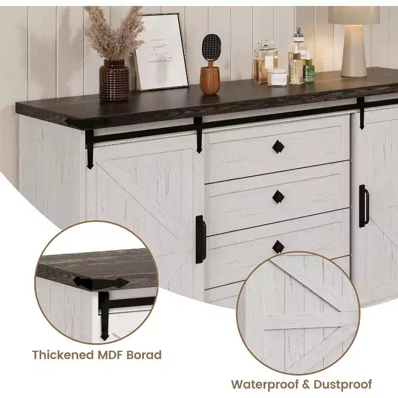 Commode de ferme à 4 tiroirs, 59 commodes en bois avec portes coulissantes de grange, meuble TV avec tiroirs et poignées de bar, commodes pour salon, chambre à coucher