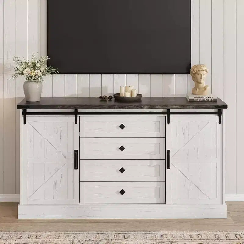 Commode de ferme à 4 tiroirs, 59 commodes en bois avec portes coulissantes de grange, meuble TV avec tiroirs et poignées de bar, commodes pour salon, chambre à coucher
