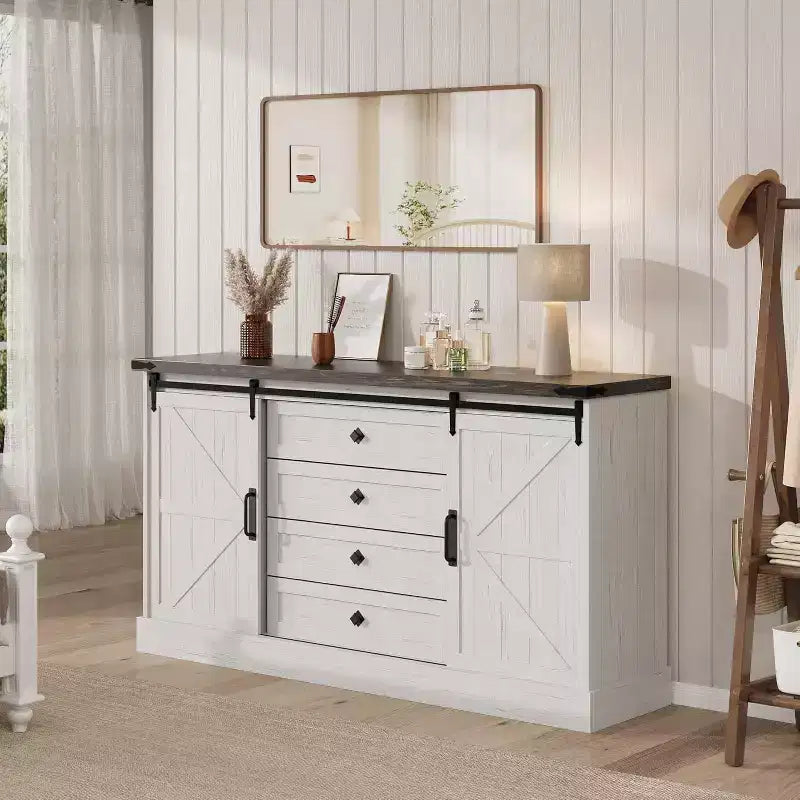 Commode de ferme à 4 tiroirs, 59 commodes en bois avec portes coulissantes de grange, meuble TV avec tiroirs et poignées de bar, commodes pour salon, chambre à coucher