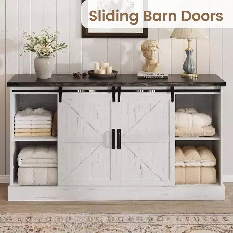 Commode de ferme à 4 tiroirs, 59 commodes en bois avec portes coulissantes de grange, meuble TV avec tiroirs et poignées de bar, commodes pour salon, chambre à coucher