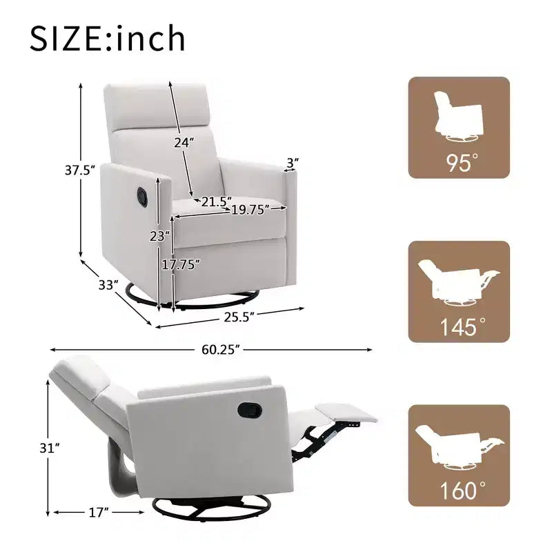 Fauteuil moderne Okak pour chambre à coucher, chaise berçante de crèche rembourrée, fauteuil inclinable pivotant et coulissant en peluche