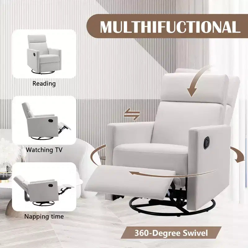 Fauteuil moderne Okak pour chambre à coucher, chaise berçante de crèche rembourrée, fauteuil inclinable pivotant et coulissant en peluche