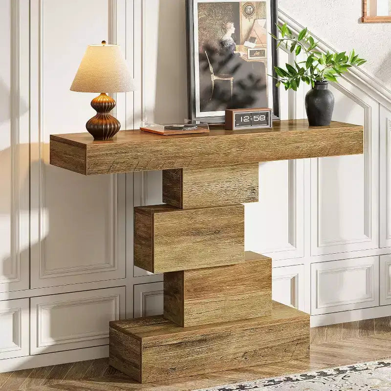 Lantine 42,5 Table console de ferme, Table de canapé étroite en bois avec base géométrique, Marron clair