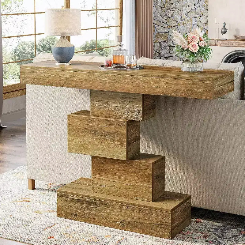 Lantine 42,5 Table console de ferme, Table de canapé étroite en bois avec base géométrique, Marron clair