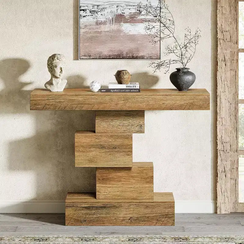 Lantine 42,5 Table console de ferme, Table de canapé étroite en bois avec base géométrique, Marron clair
