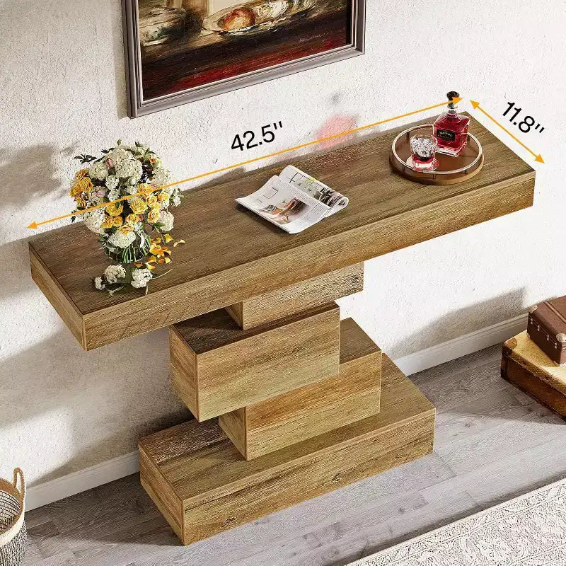 Lantine 42,5 Table console de ferme, Table de canapé étroite en bois avec base géométrique, Marron clair