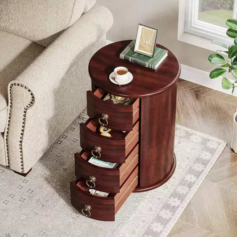 Table d'appoint Lantine entièrement assemblée, table d'appoint ronde avec 4 tiroirs pour salon ou chambre à coucher