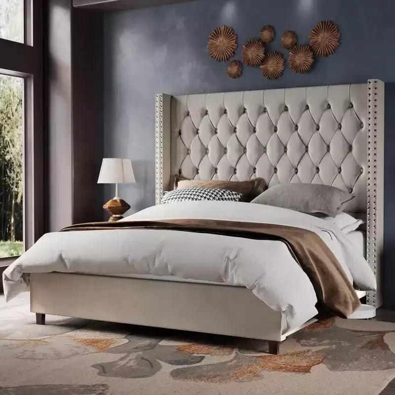 AMERLIFE Bed Frame with 61.4 Headboard,Velvet Tufted and Handmade Pleat Deep Button