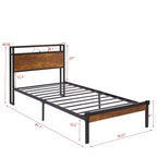 Cadre de lit plateforme en métal Okak, taille double, avec tête et pied de lit en bois, cadre de lit moderne avec USB intégré pour chambre à coucher, noir + marron