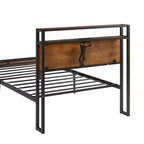 Cadre de lit plateforme en métal Okak, taille double, avec tête et pied de lit en bois, cadre de lit moderne avec USB intégré pour chambre à coucher, noir + marron