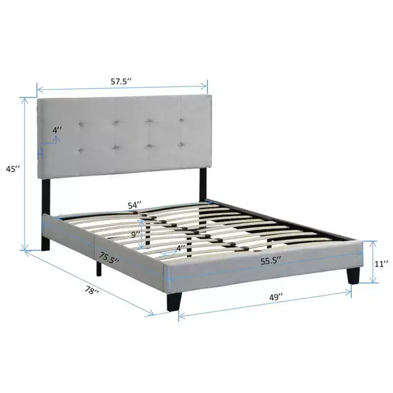 Cadre de lit double Okak avec tête de lit capitonnée à points de traction, sommier tapissier avec support à lattes en bois pour chambre à coucher, gris