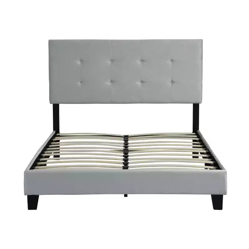 Cadre de lit double Okak avec tête de lit capitonnée à points de traction, sommier tapissier avec support à lattes en bois pour chambre à coucher, gris