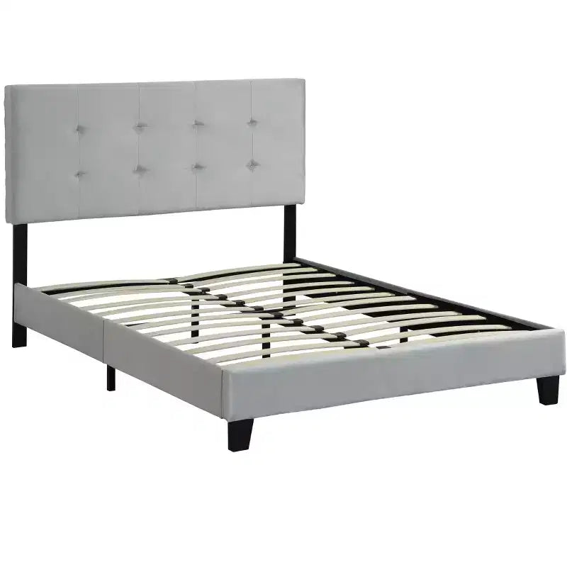 Cadre de lit double Okak avec tête de lit capitonnée à points de traction, sommier tapissier avec support à lattes en bois pour chambre à coucher, gris