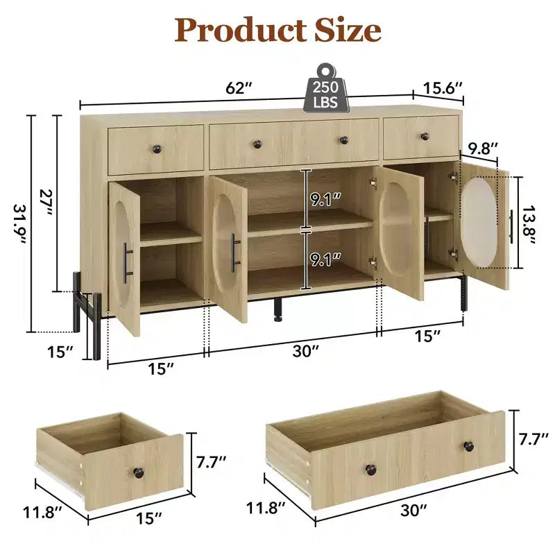 Grand buffet de 157,5 cm avec rangement et 3 tiroirs, meuble de rangement pour bar à café avec 4 portes vitrées pour salle à manger, salon, cuisine