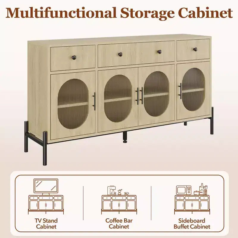Grand buffet de 157,5 cm avec rangement et 3 tiroirs, meuble de rangement pour bar à café avec 4 portes vitrées pour salle à manger, salon, cuisine