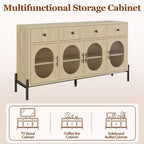 Grand buffet de 157,5 cm avec rangement et 3 tiroirs, meuble de rangement pour bar à café avec 4 portes vitrées pour salle à manger, salon, cuisine
