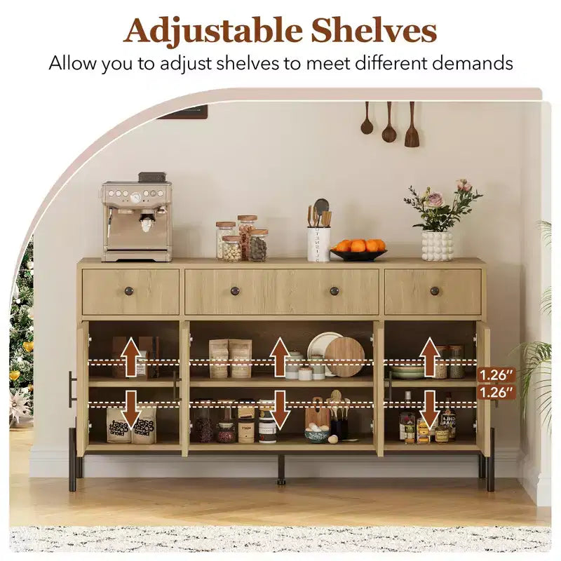 Grand buffet de 157,5 cm avec rangement et 3 tiroirs, meuble de rangement pour bar à café avec 4 portes vitrées pour salle à manger, salon, cuisine