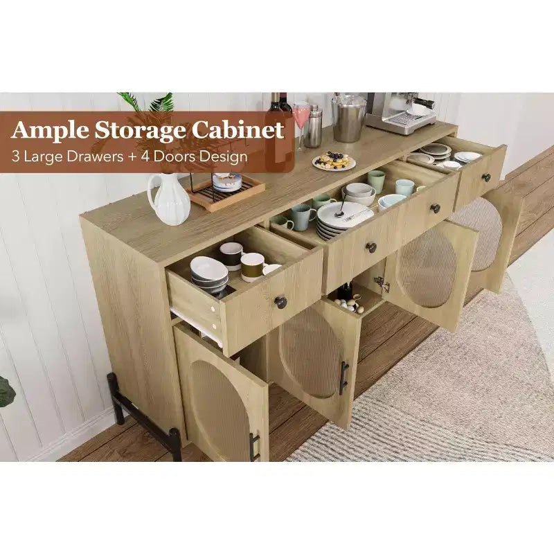 Grand buffet de 157,5 cm avec rangement et 3 tiroirs, meuble de rangement pour bar à café avec 4 portes vitrées pour salle à manger, salon, cuisine
