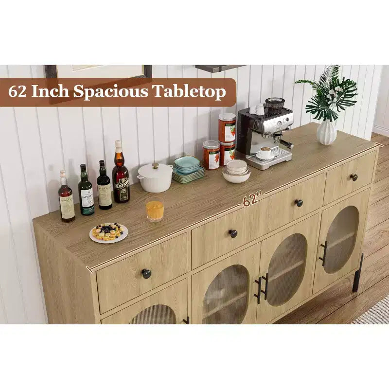 Grand buffet de 157,5 cm avec rangement et 3 tiroirs, meuble de rangement pour bar à café avec 4 portes vitrées pour salle à manger, salon, cuisine