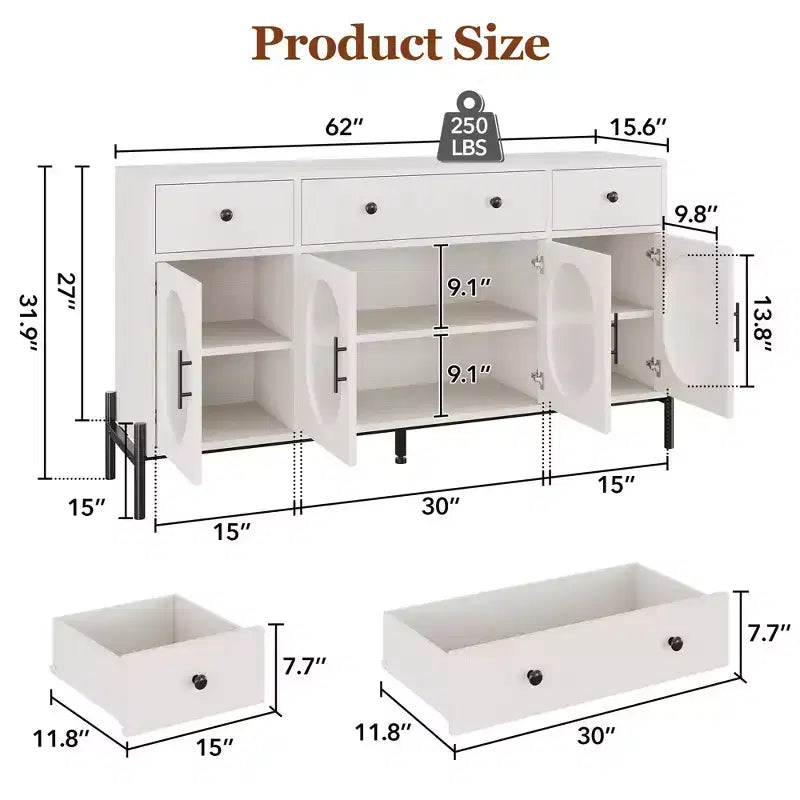 Grand buffet de 157,5 cm avec rangement et 3 tiroirs, meuble de rangement pour bar à café avec 4 portes vitrées pour salle à manger, salon, cuisine