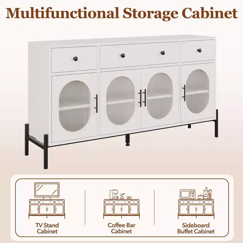 Grand buffet de 157,5 cm avec rangement et 3 tiroirs, meuble de rangement pour bar à café avec 4 portes vitrées pour salle à manger, salon, cuisine