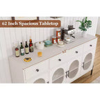 Grand buffet de 157,5 cm avec rangement et 3 tiroirs, meuble de rangement pour bar à café avec 4 portes vitrées pour salle à manger, salon, cuisine
